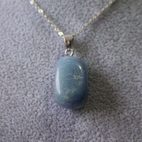 Blue Polished Stone Pendant Necklace on Silver Chain – Natural Gem Look - Picture 2 of 5